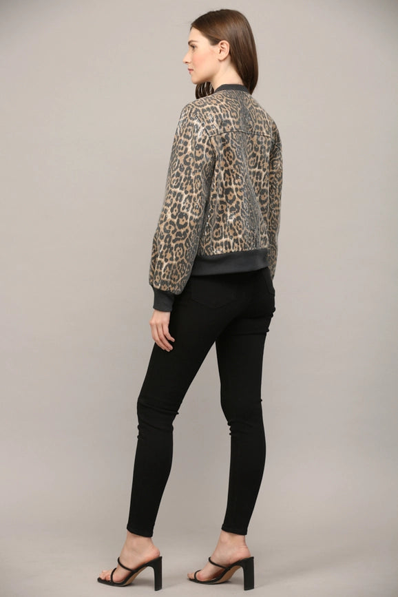 Sequin Embellished Animal Print Bomber Jacket