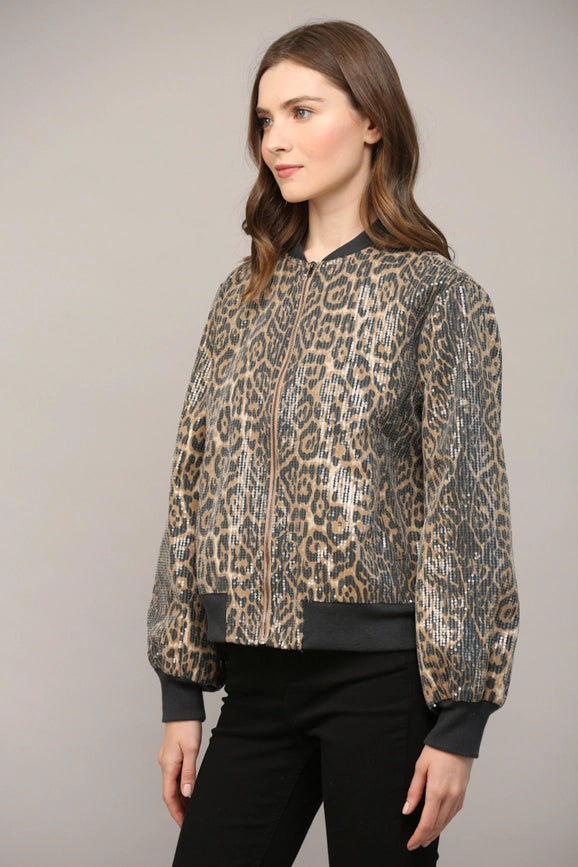 Sequin Embellished Animal Print Bomber Jacket