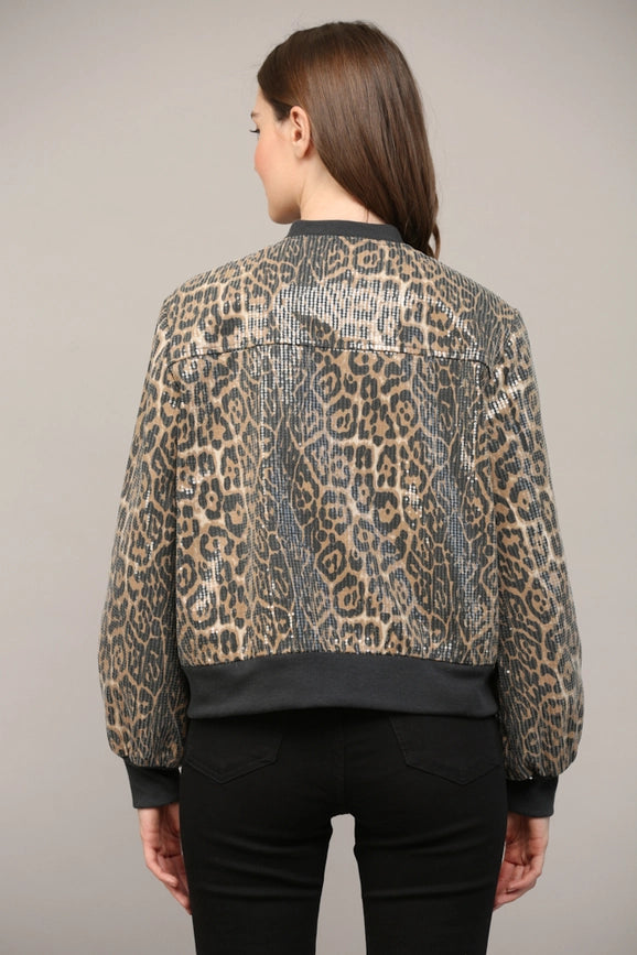 Sequin Embellished Animal Print Bomber Jacket