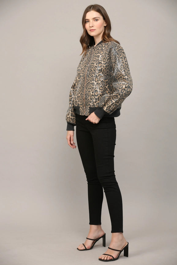 Sequin Embellished Animal Print Bomber Jacket