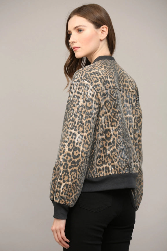 Sequin Embellished Animal Print Bomber Jacket