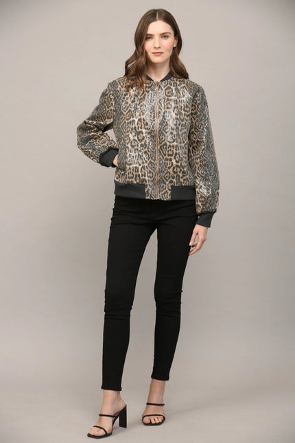 Sequin Embellished Animal Print Bomber Jacket