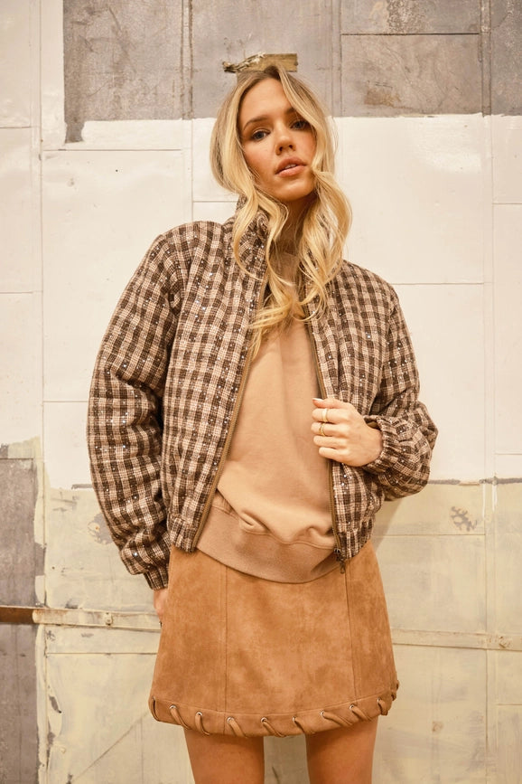 Sequin Plaid Mock Neck Crop Puffer