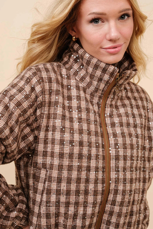 Sequin Plaid Mock Neck Crop Puffer