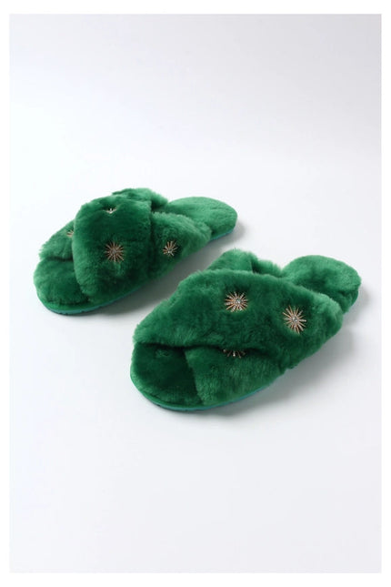 Sheepskin Slippers with Rhinestone