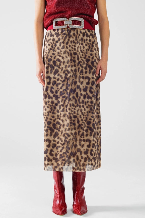 Sheer Long Leopard Print Bodycon Midi Skirt