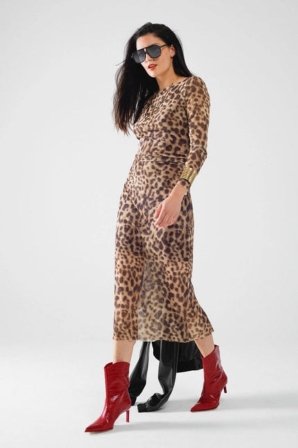 Sheer Long Sleeve Leopard Print Bodycon Midi Dress