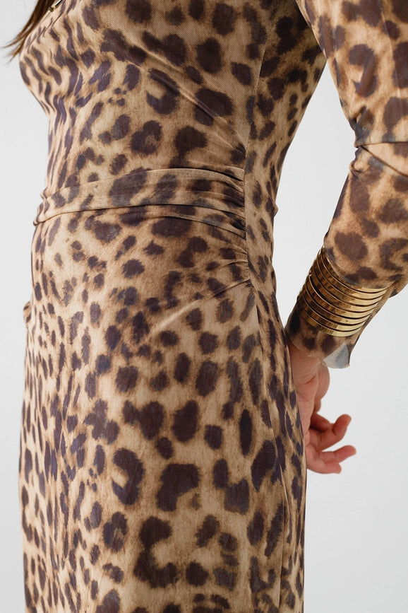 Sheer Long Sleeve Leopard Print Bodycon Midi Dress