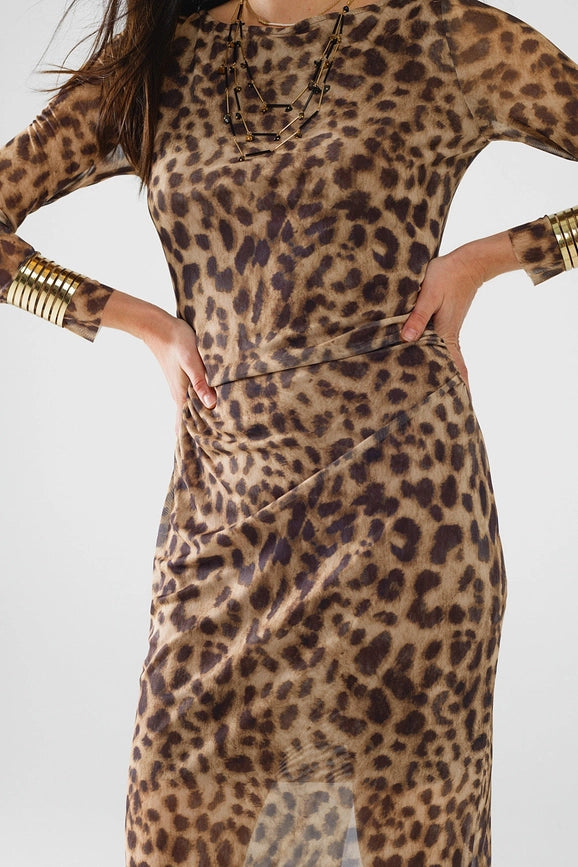 Sheer Long Sleeve Leopard Print Bodycon Midi Dress