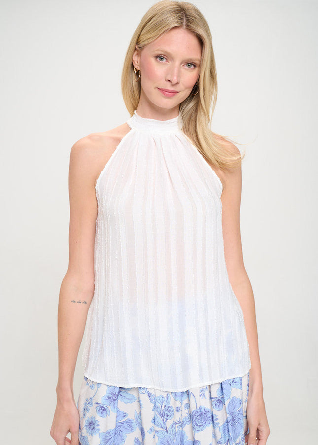 Sheer Textured Halter Tie neck Sleeveless Top-0