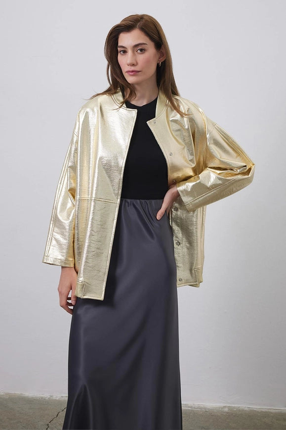 Shiny Coated Bomber Jacket Gold-Jacket-Kadriye Baştürk-1-Urbanheer