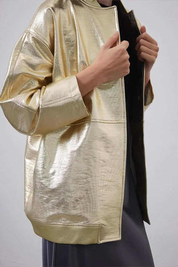 Shiny Coated Bomber Jacket Gold-Jacket-Kadriye Baştürk-Urbanheer