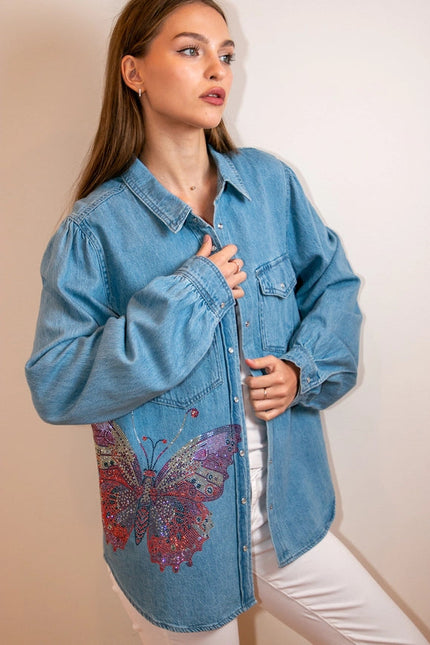 Shirt, Denim Shirred, Butterfly-Shirts-Moving Forward Designs-S-Urbanheer