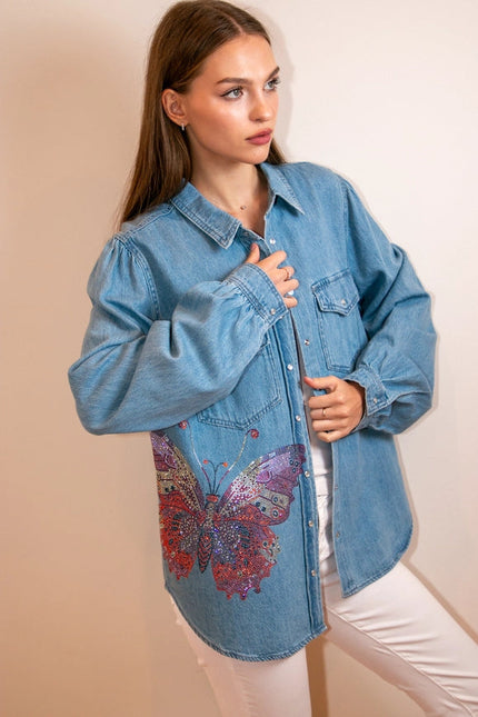 Shirt, Denim Shirred, Butterfly-Shirts-Moving Forward Designs-Urbanheer