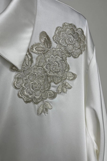 Shirt, Silky Ivory, Silver Lace Flowers