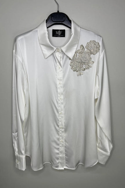 Shirt, Silky Ivory, Silver Lace Flowers