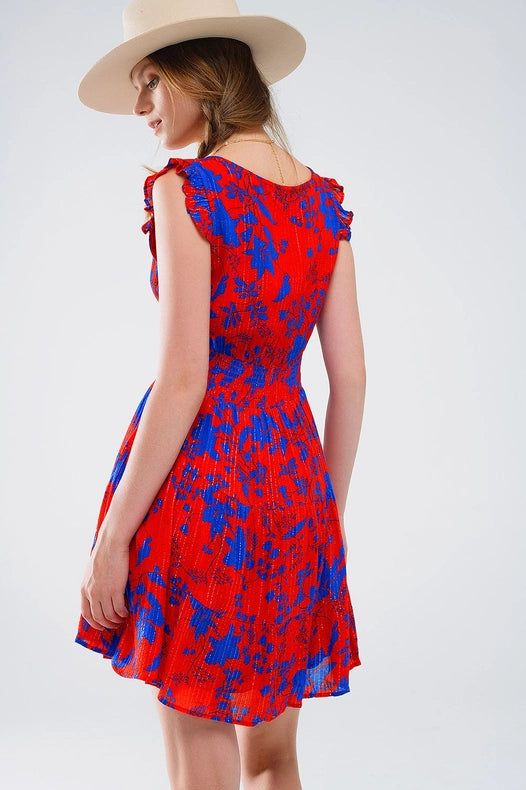 Short Dress in Red with Blue Floral Print and V-Neck