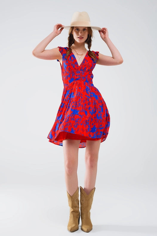 Short Dress in Red with Blue Floral Print and V-Neck