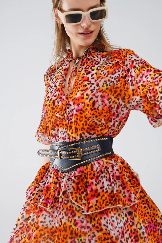 Short Dress with Animal Print in Orange and White