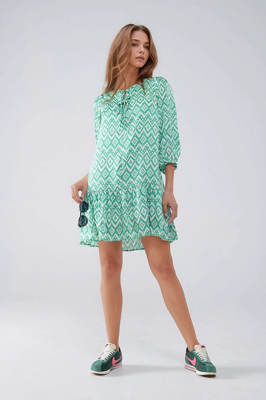 Short Dress with Tie At the Front Details in Ethnic Green Print