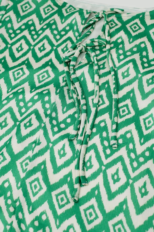 Short Dress with Tie At the Front Details in Ethnic Green Print