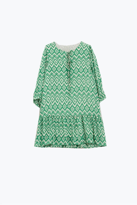 Short Dress with Tie At the Front Details in Ethnic Green Print