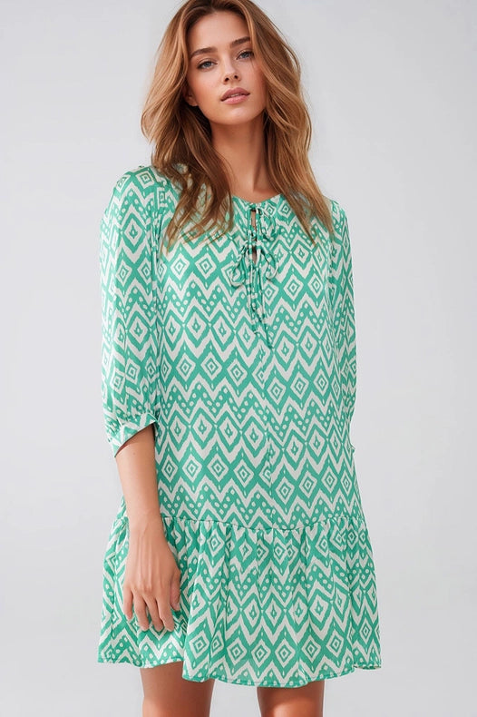 Short Dress with Tie At the Front Details in Ethnic Green Print