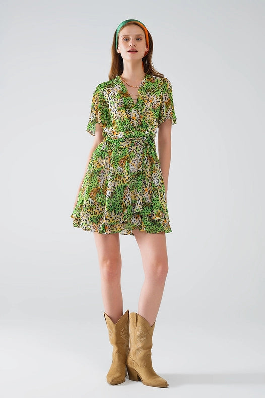 Short Green Multicolored Dress with Crossed Top with Animal Print