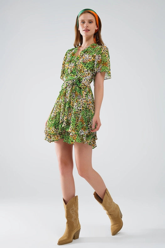 Short Green Multicolored Dress with Crossed Top with Animal Print