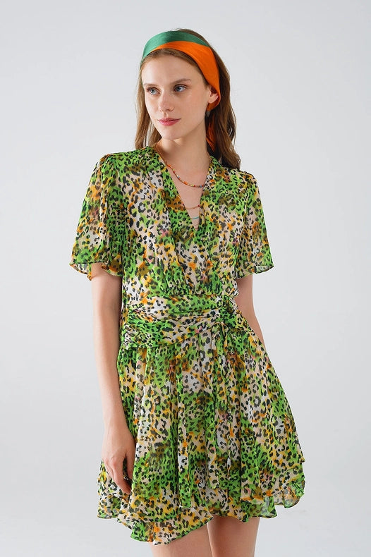 Short Green Multicolored Dress with Crossed Top with Animal Print