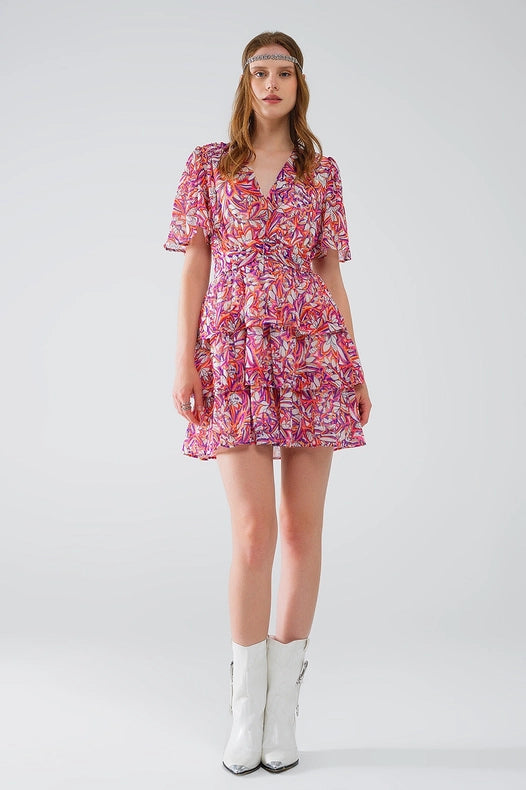 Short Multicolor Chiffon Dress with Floral Print and Ruched Design