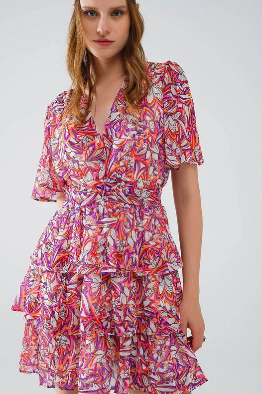 Short Multicolor Chiffon Dress with Floral Print and Ruched Design