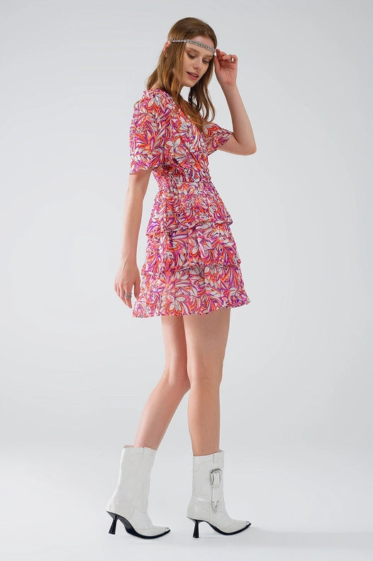 Short Multicolor Chiffon Dress with Floral Print and Ruched Design