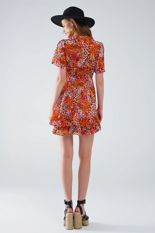 Short Orange Multicolored Dress with Crossed Top with Animal Print