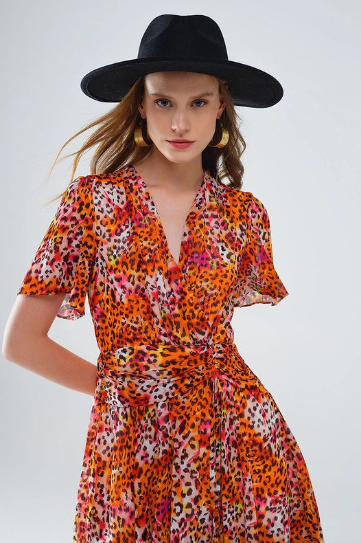 Short Orange Multicolored Dress with Crossed Top with Animal Print