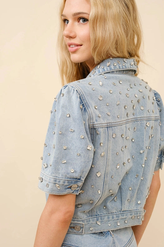 Short Sleeve Denim Rhinestone Shirt Jacket