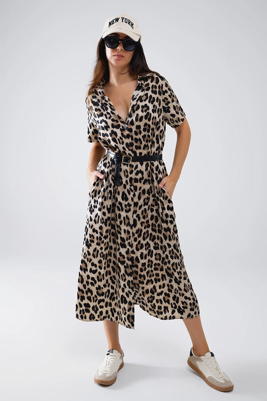 Short Sleeve Shirt Midi Dress with Belt in Leopard Print