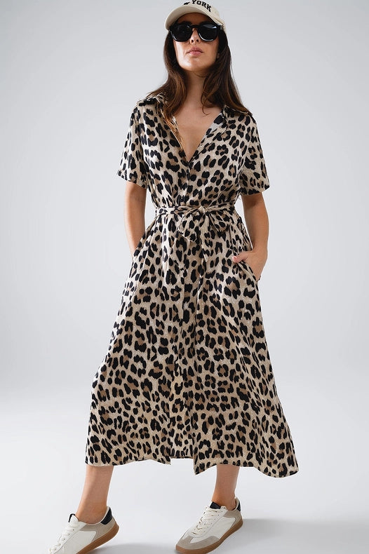 Short Sleeve Shirt Midi Dress with Belt in Leopard Print