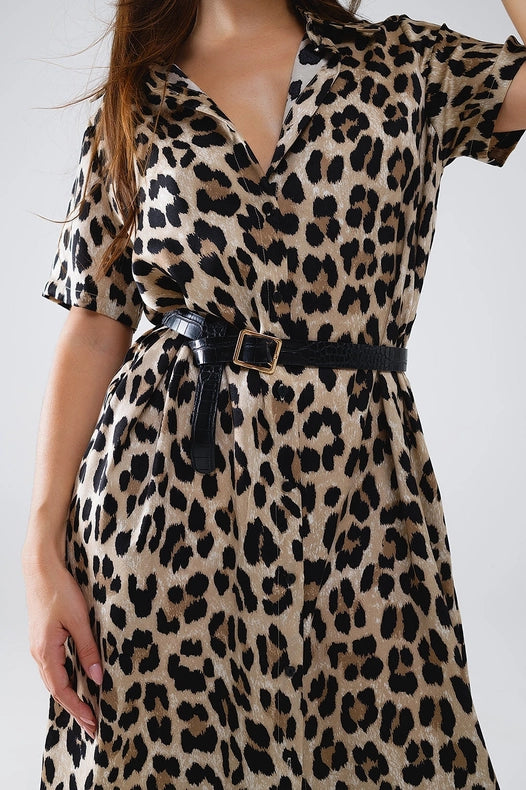 Short Sleeve Shirt Midi Dress with Belt in Leopard Print