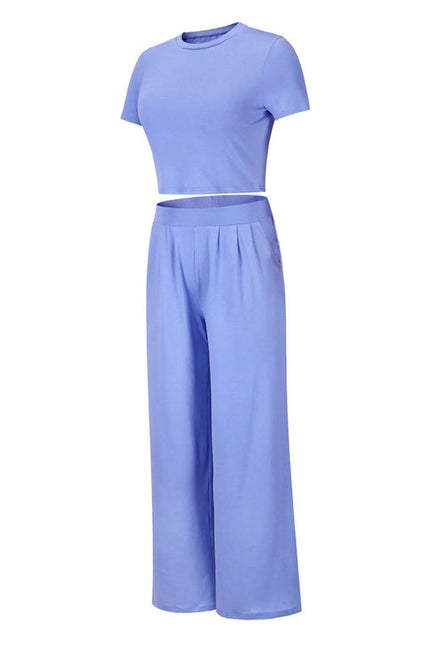 Short Sleeves Solid Color Ladies Daily Set Blue