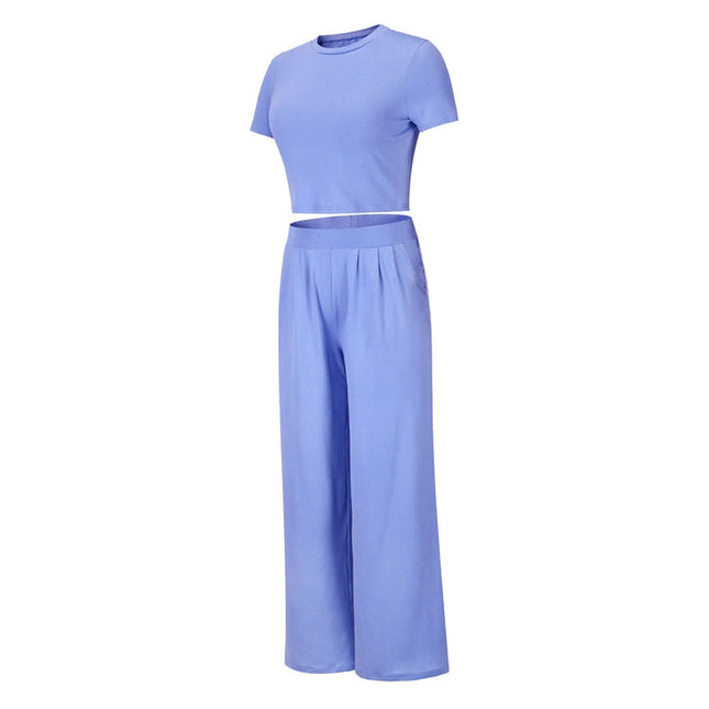 Short Sleeves Solid Color Ladies Daily Set Blue