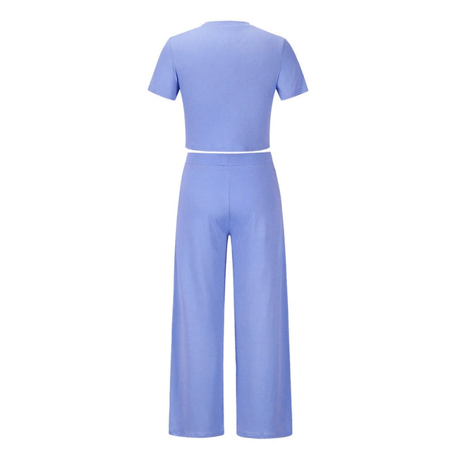 Short Sleeves Solid Color Ladies Daily Set Blue