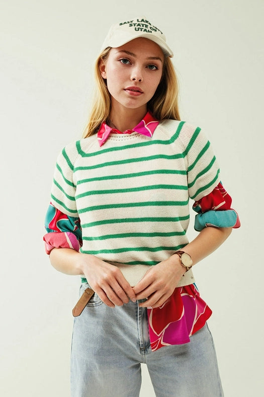 Short Sleeves White Knit Sweater with Green Stripes