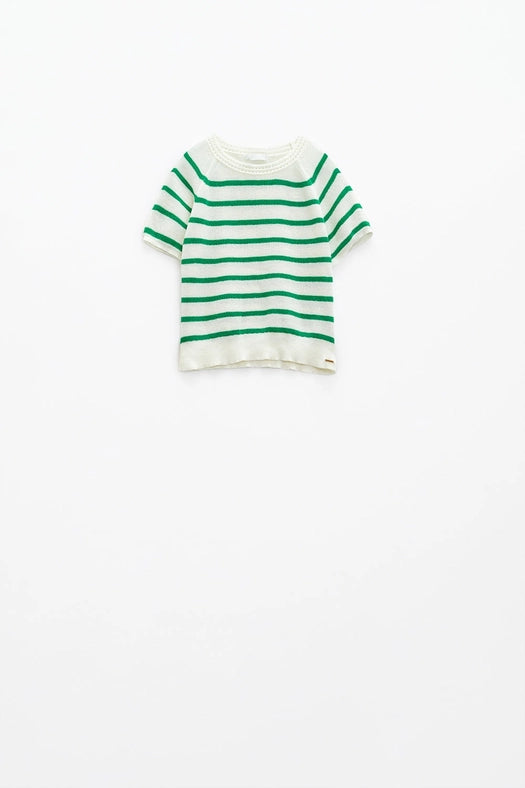 Short Sleeves White Knit Sweater with Green Stripes