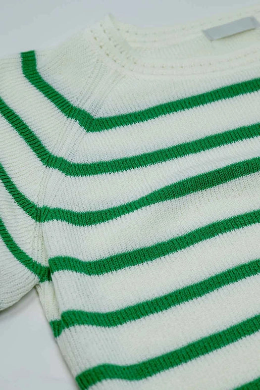 Short Sleeves White Knit Sweater with Green Stripes