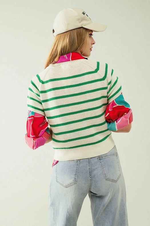 Short Sleeves White Knit Sweater with Green Stripes