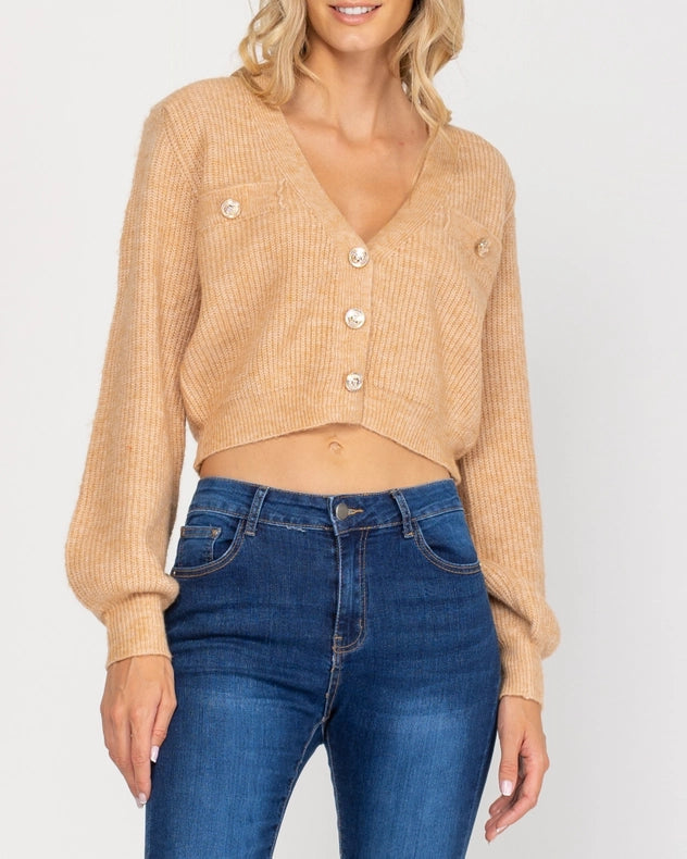 Short Knit Jacket With Gold Buttons Beige