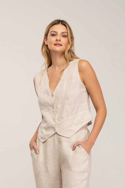 Short linen vest with buttons