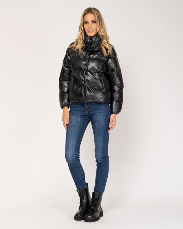 Short Metallic Flared Down Jacket With Hood Black