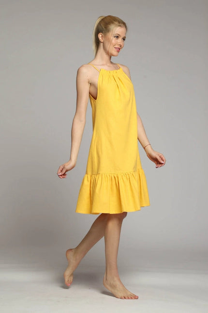 Sicily Midi Linen Dress with Gathered Neckline